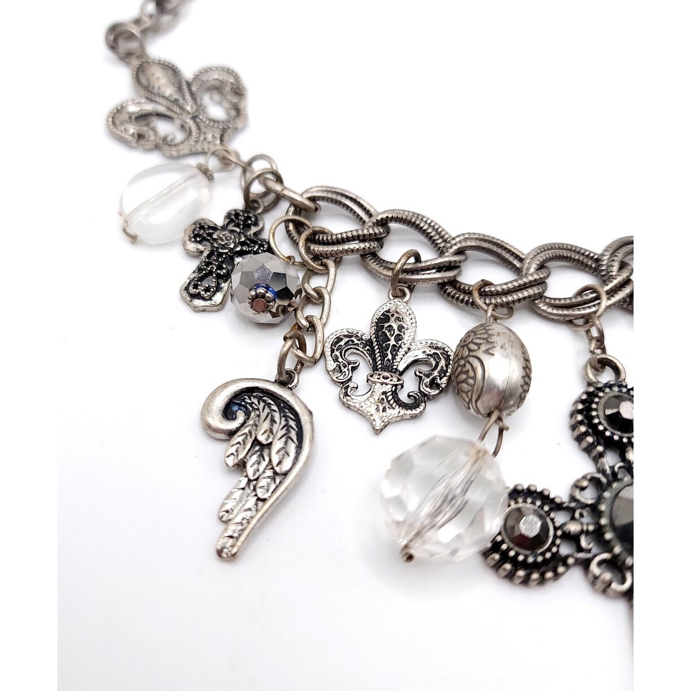Silver Charm Necklace Cross Rhinestone Fleur De Lis Gothic - Picture 5 of 8